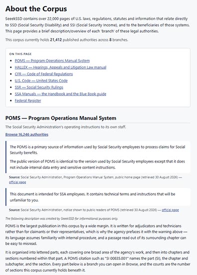 About the Corpus page describing POMS and the other authority branches