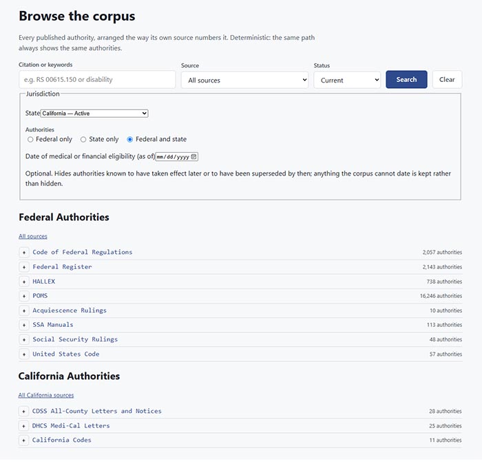 Browse the corpus, with federal and California authorities and their counts
